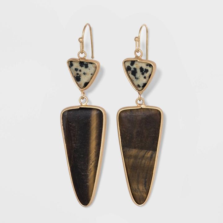 Semi-precious Tiger Eye And Dalmation Jasper Geometric Triangle Drop Earrings - Universal Thread Brown, Women's
