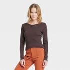 Women's Long Sleeve Ribbed T-shirt - A New Day Dark Brown