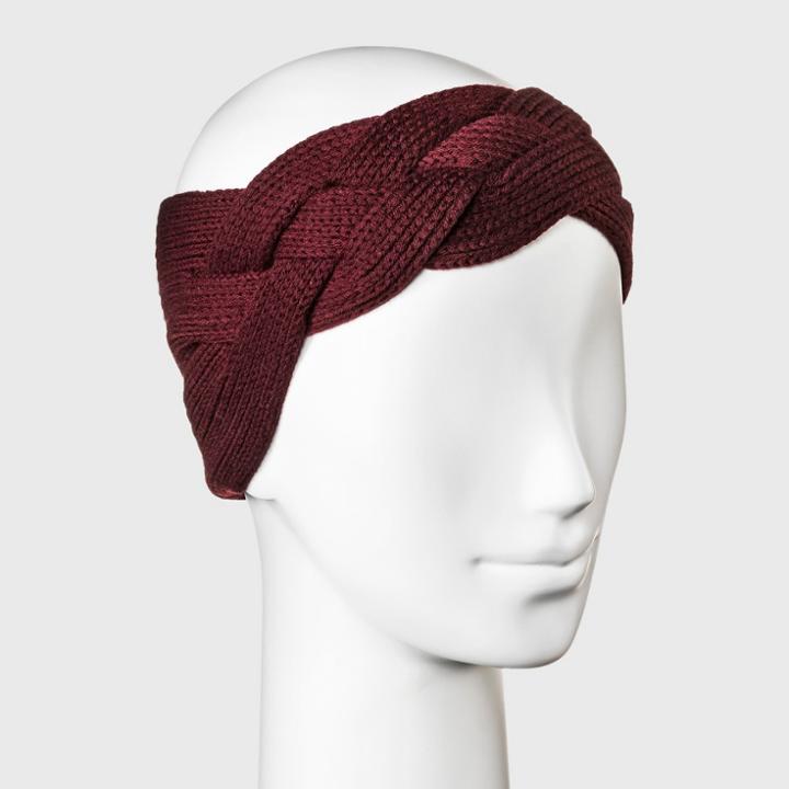Women's Knit Braided Outerwear Headband - A New Day Burgundy (red)