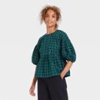 Women's Puff 3/4 Sleeve Top - A New Day Teal Green Windowpane