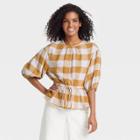 Women's Balloon Elbow Sleeve Popover Blouse - Who What Wear Khaki Gingham Check M, Green Gingham Check