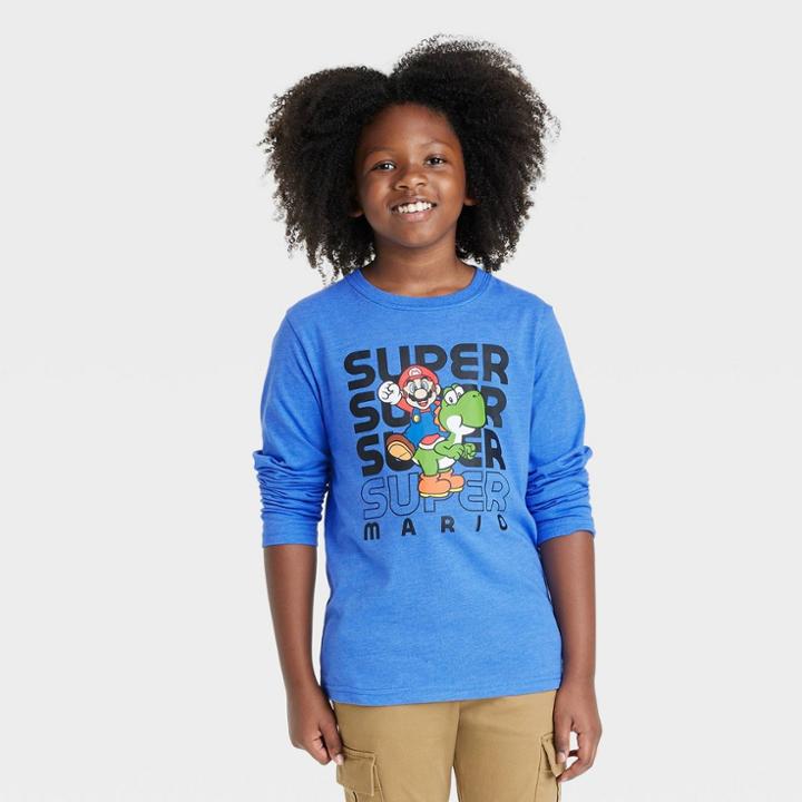 Boys' Super Mario Yoshi Long Sleeve Graphic T-shirt - Blue