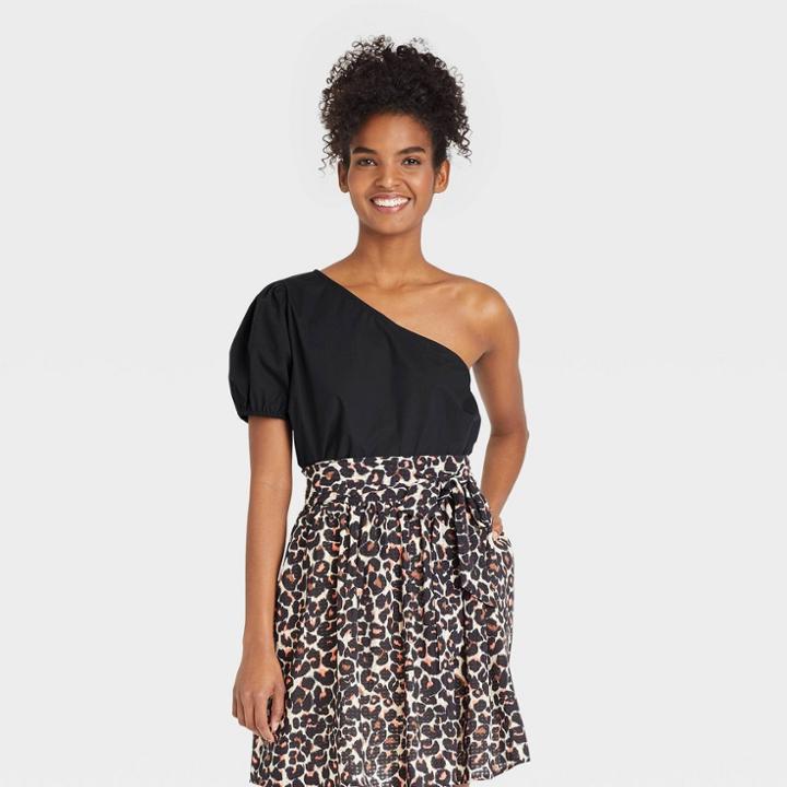 Women's Puff Short Sleeve One Shoulder Top - Who What Wear Jet Black