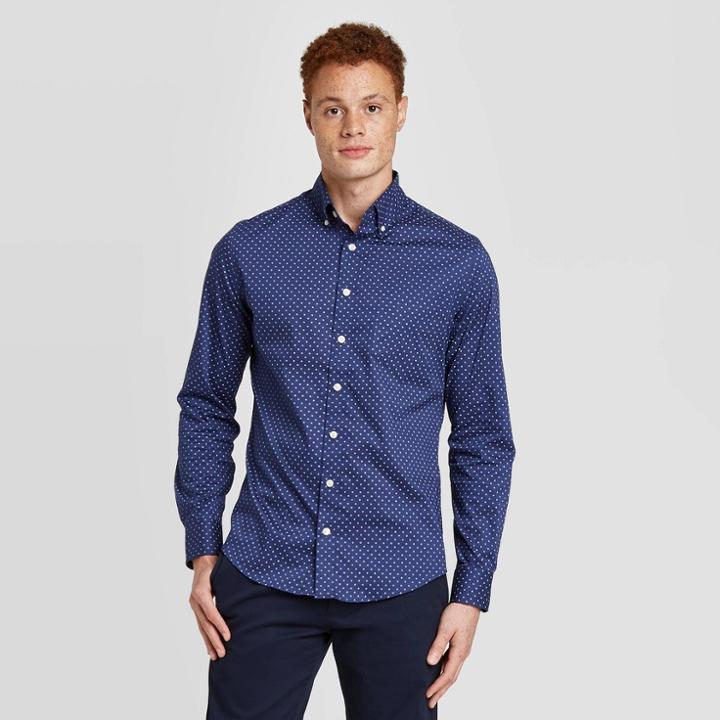 Men's Polka Dot Slim Fit Stretch Performance Long Sleeve Button-down Shirt - Goodfellow & Co Navy