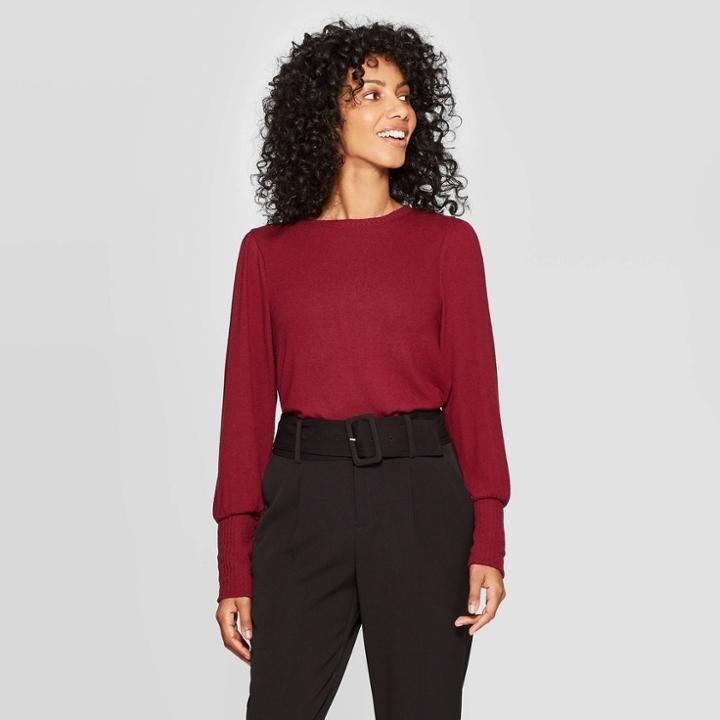 Women's Long Sleeve Crewneck Drapey T-shirt - A New Day Burgundy L, Size: