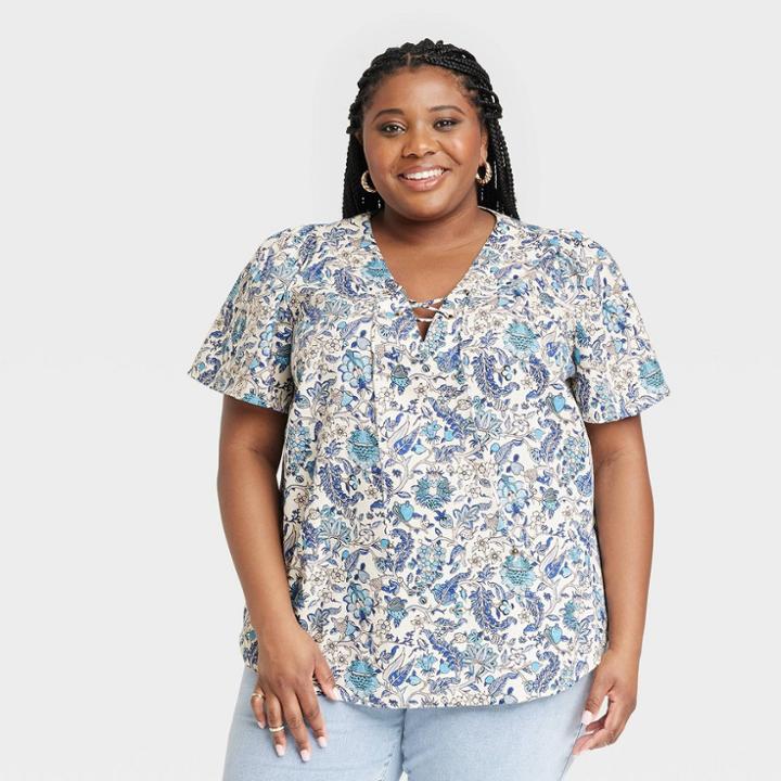 Women's Plus Size Short Sleeve Lace-up Top - Knox Rose Assorted Blues