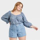Women's Plus Size Long Sleeve Pintuck Blouse - Universal Thread Navy Blue Floral