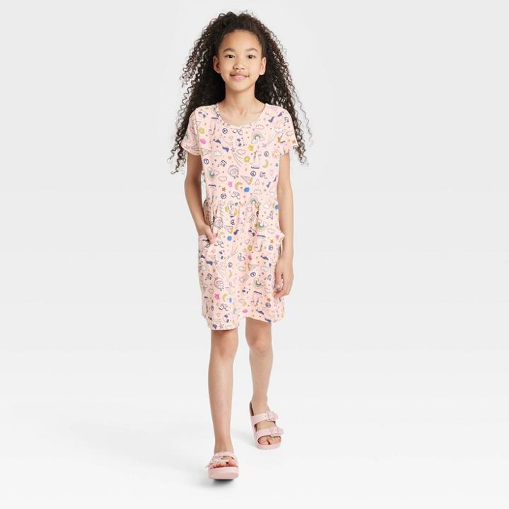 Girls' Printed Short Sleeve Knit Dress - Cat & Jack Light Peach