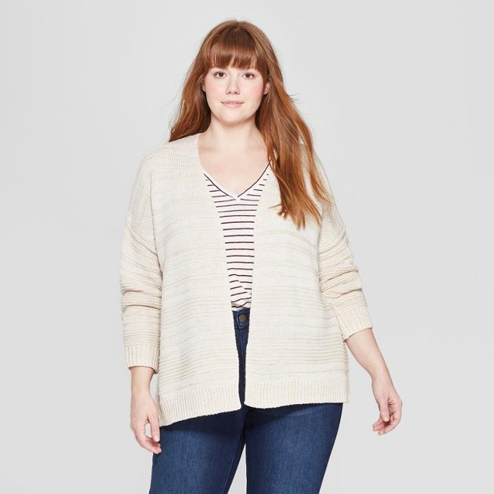 Women's Plus Size Long Sleeve Textured Short Open Layering Cardigans - Universal Thread Oatmeal