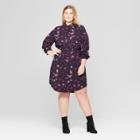 Women's Plus Size Floral Print Long Sleeve Collared Shirt Dress - Prologue Purple