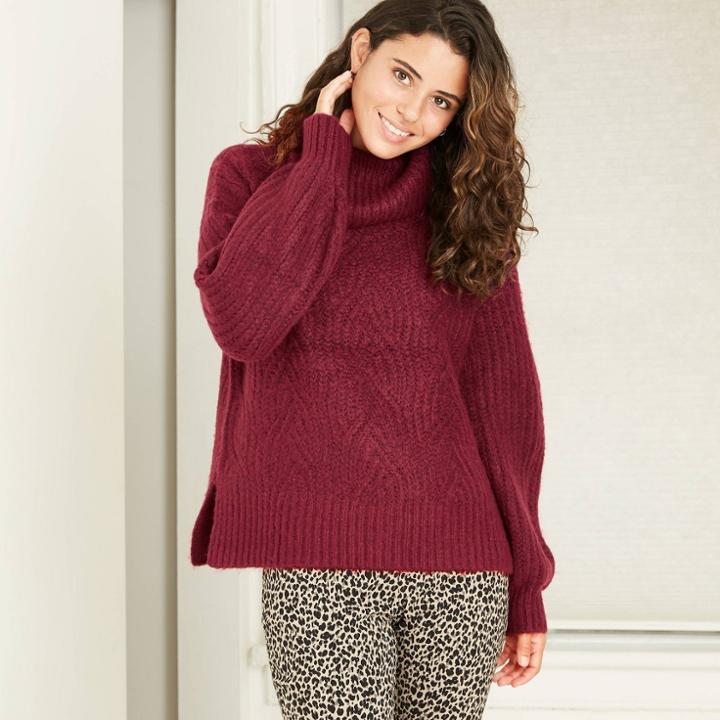 Women's Turtleneck Cable Stitch Pullover Sweater - A New Day Burgundy
