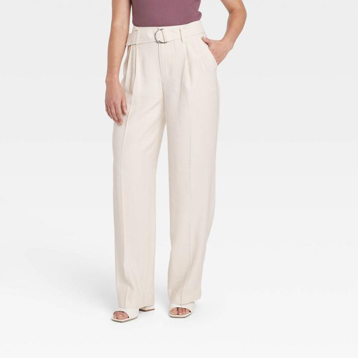 Women's High-rise Relaxed Fit Straight Belted Trousers - A New Day Cream