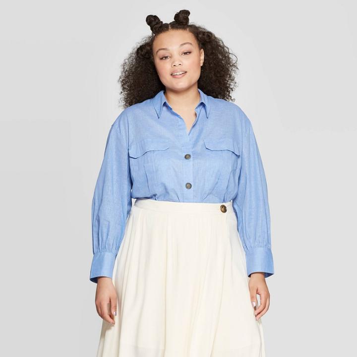 Women's Plus Size Long Sleeve Button-down Shirt - Who What Wear Blue