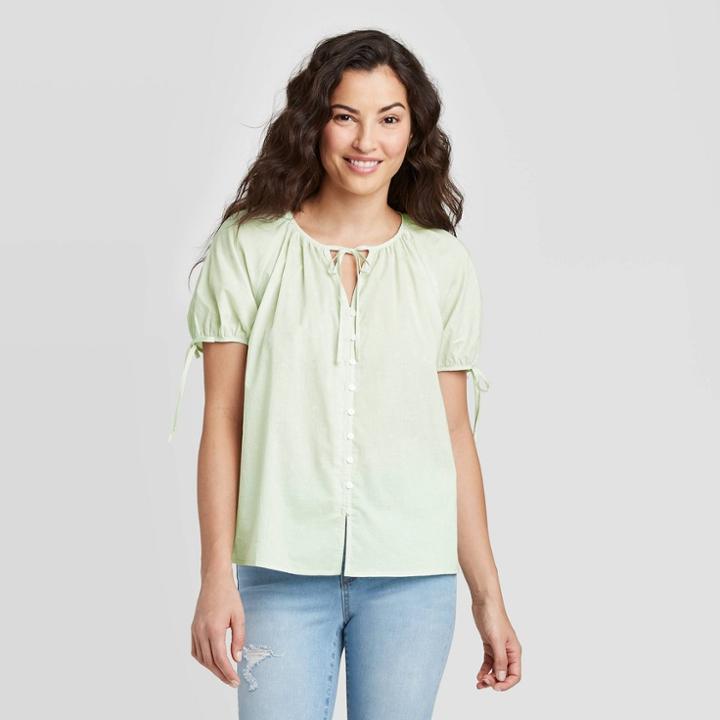Women's Polka Dot Short Sleeve V-neck Button-front Top - Universal Thread Green