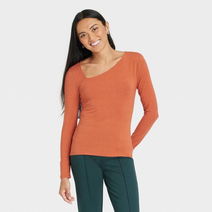 Women's Long Sleeve Asymmetrical Top - A New Day Orange