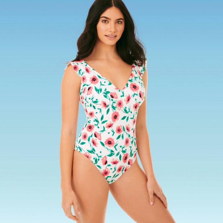 Women's Slimming Control Ruffle Sleeve One Piece Swimsuit - Beach Betty By Miracle Brands White Floral S, Women's, Size: Small,