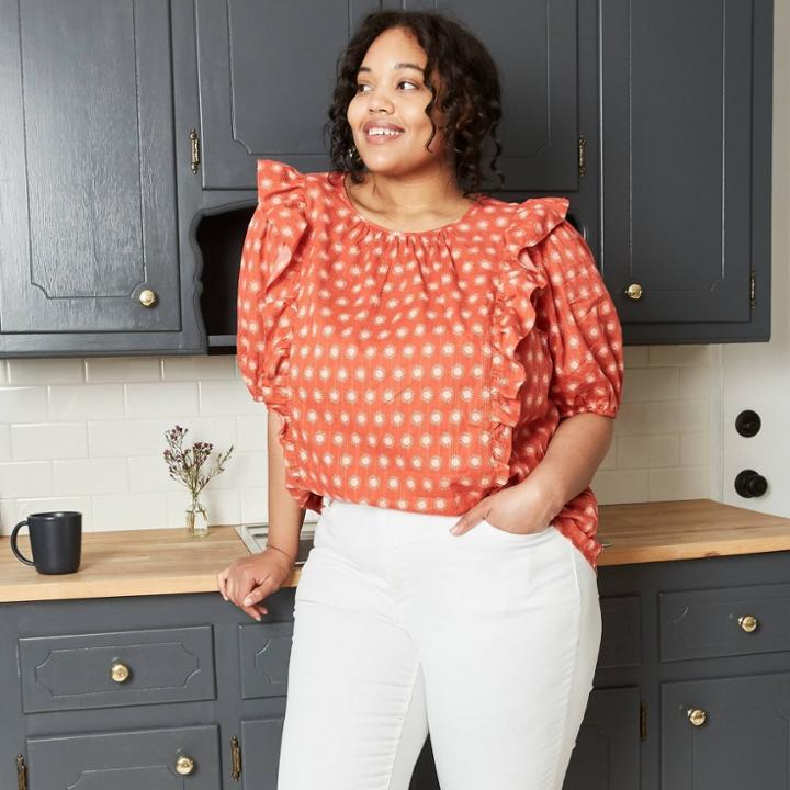Women's Plus Size Polka Dot Puff Short Sleeve Ruffle Blouse - Universal Thread Red
