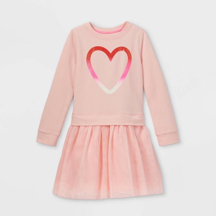 Girls' Long Sleeve 'valentine's Day Heart' Knit Tulle Dress - Cat & Jack Pink