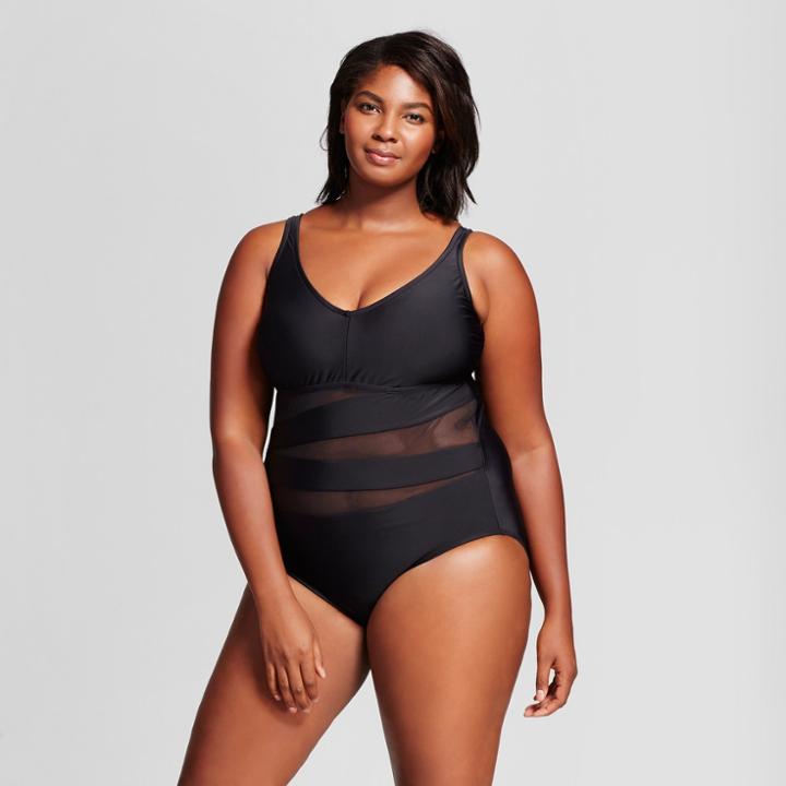 Women's Plus Size Mesh Cut Out One Piece - Ava & Viv Black