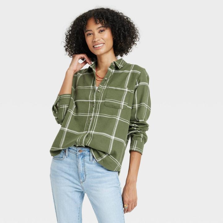 Women's Relaxed Fit Long Sleeve Flannel Button-down Shirt - Universal Thread Green Plaid