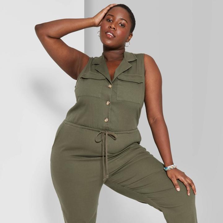 Women's Plus Size Sleeveless Collared Button Front Utility Jumpsuit - Wild Fable Olive