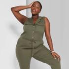 Women's Plus Size Sleeveless Collared Button Front Utility Jumpsuit - Wild Fable Olive