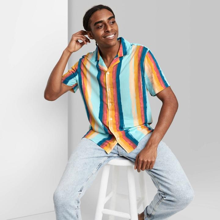 Men's Painted Striped Print Button-down Shirt - Original Use Aqua/stripe