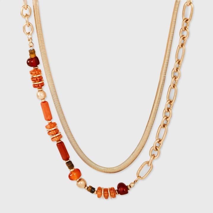 Mixed Asymmetrical Irregular Beaded Layered Chain Necklace - Universal Thread Red
