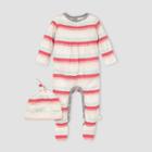 Burt's Bees Baby Baby Girls' Foothills Striped Jumpsuit And Knot Top Hat Set - Red Newborn