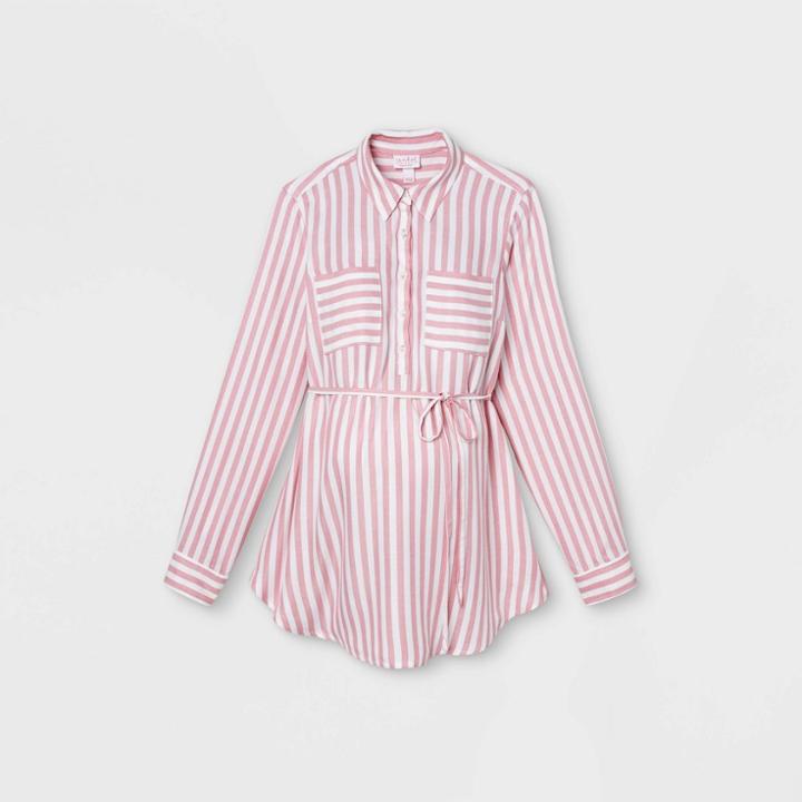 Maternity Striped Rolled Tab Long Sleeve Collared Woven Popover T-shirt - Isabel Maternity By Ingrid & Isabel Pink Rose