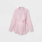 Maternity Striped Rolled Tab Long Sleeve Collared Woven Popover T-shirt - Isabel Maternity By Ingrid & Isabel Pink Rose