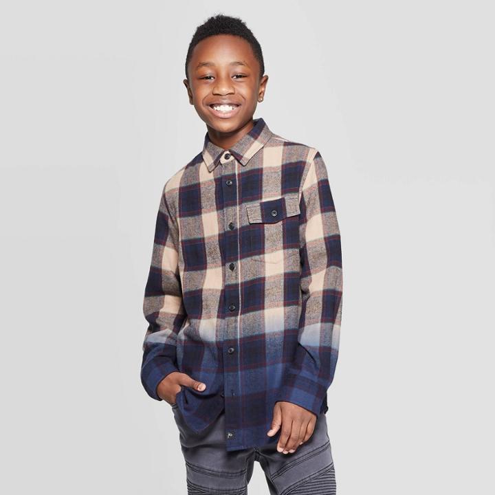 Boys' Long Sleeve Dip Dye Flannel Button-down Shirt - Art Class Navy S, Boy's, Size: