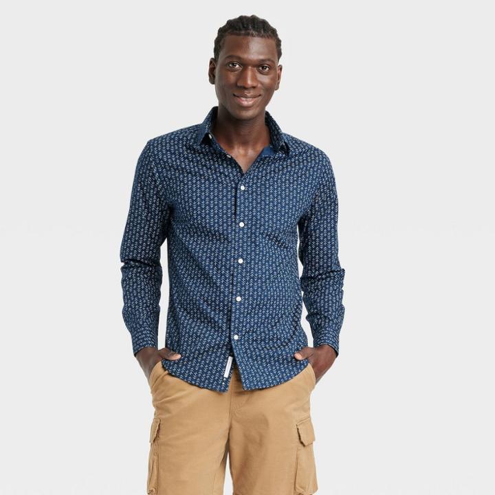 Men's Regular Fit Stretch Poplin Long Sleeve Button-down Shirt - Goodfellow & Co Navy Blue