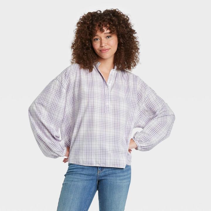 Women's Balloon Long Sleeve Poet Top - Universal Thread Lilac Plaid S, Purple Plaid