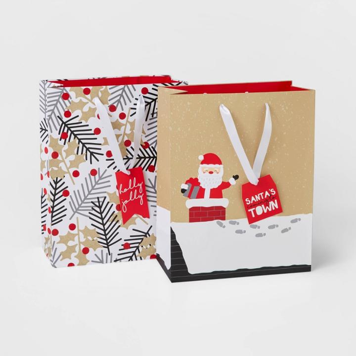 2ct Santa & Holly Gift Bags - Wondershop