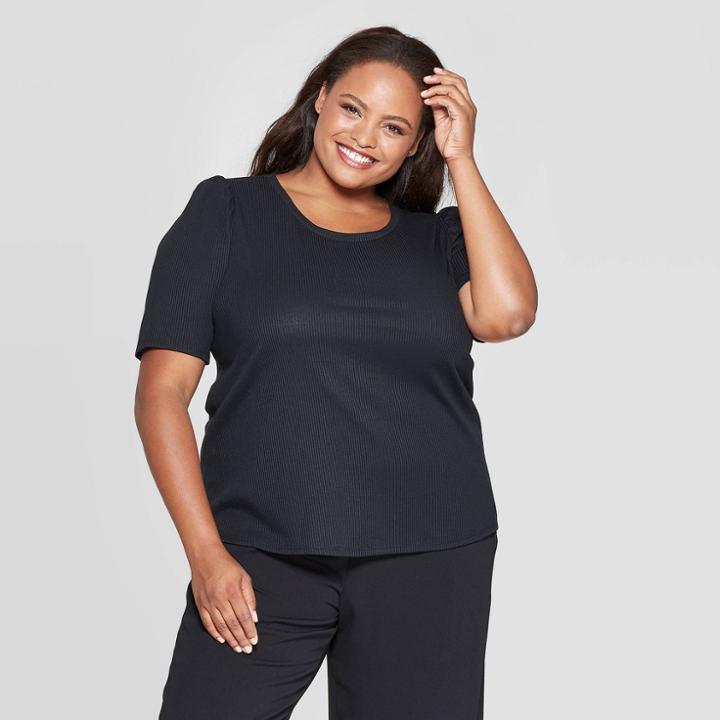 Women's Plus Size Half Sleeve Crewneck Ribbed Puff Top - Ava & Viv Black