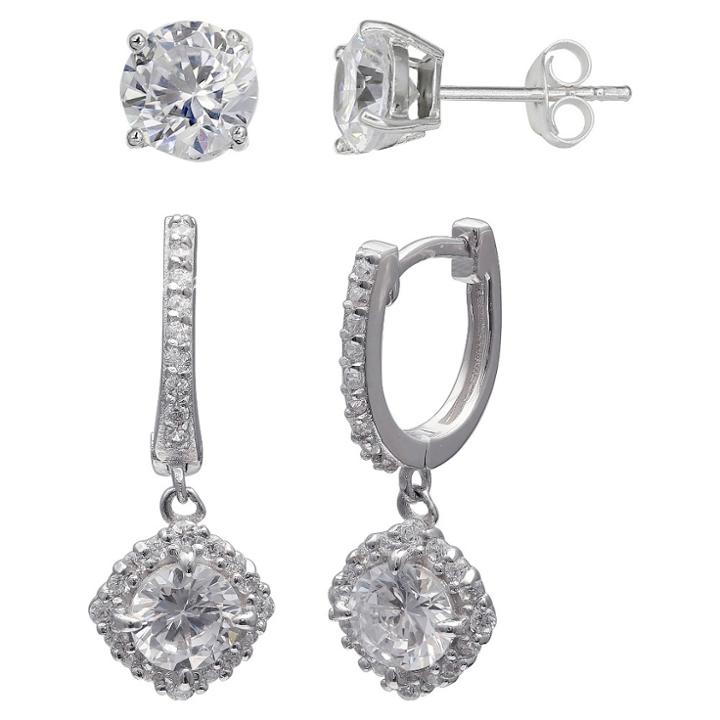 Target Women's Set Of Stud And Leverback Earrings With Cubic Zirconia In Sterling Silver - Silver/clear