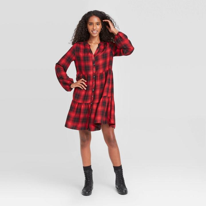 Women's Plaid Puff Long Sleeve Shirtdress - Knox Rose Red
