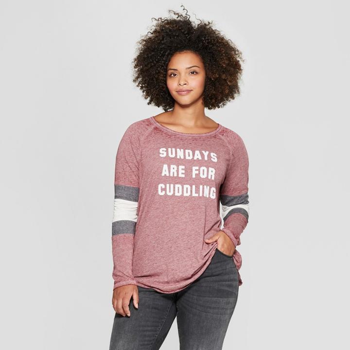 Women's Plus Size Long Sleeve Sundays Are For Cuddling Raglan Graphic T-shirt - Zoe+liv (juniors') Burgundy