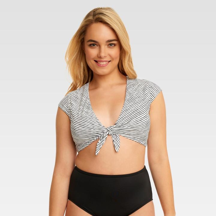 Beach Betty By Miracle Brands Women's Slimming Control Striped Cropped Tie Front Bikini Swim Top - White/black