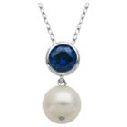 Prime Art & Jewel Sterling Silver Genuine White Pearl And Bezel Set Lab Created Blue Sapphire Pendant Necklace With 18 Chain, Girl's, Silver/blue
