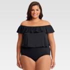 Plus Size Dreamsuit By Miracle Brands Women's Plus Slimming Control Blouson Off The Shoulder One Piece Swimsuit - Black