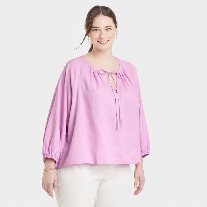 Women's Plus Size Raglan Long Sleeve Tie-front Top - A New Day Purple