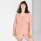 Women's Plus Size Short Sleeve V-neck Button-front Romper - Wild Fable Peach