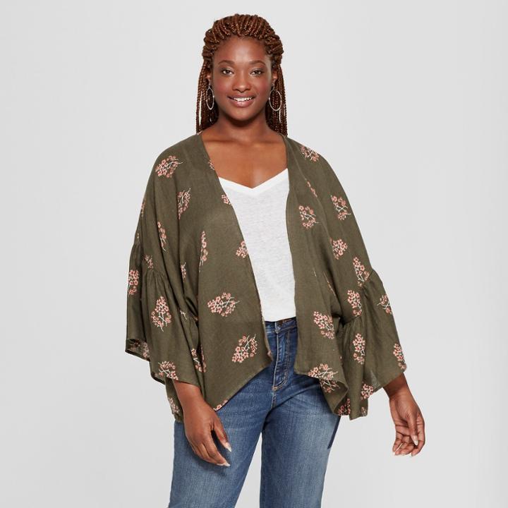 Women's Plus Size Woven Patterned Flounce Sleeve Kimono Jacket - Universal Thread Olive (green)