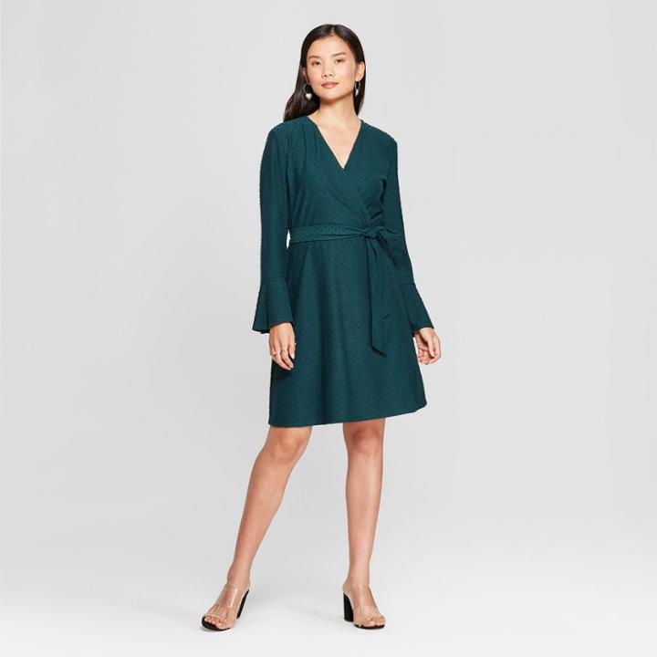 Women's Bell Sleeve Clip Spot Wrap Dress - Spenser Jeremy - Green