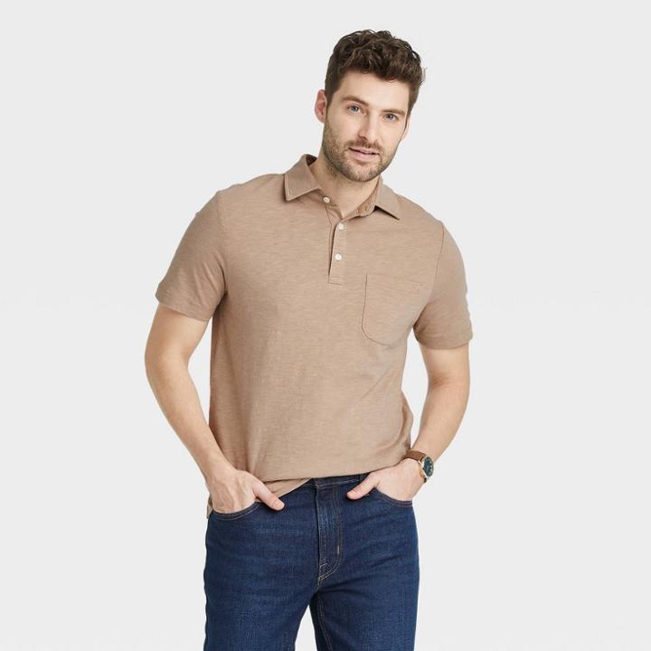 Men's Standard Fit Short Sleeve Collared Polo T-shirt - Goodfellow & Co Tan