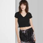 Women's Short Sleeve V-neck Textured Baby T-shirt - Wild Fable Black