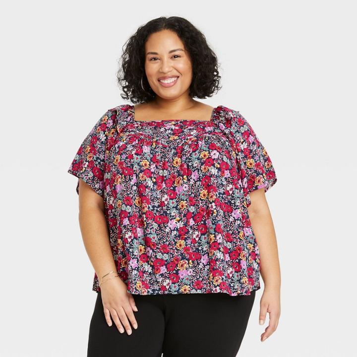 Women's Plus Size Flutter Short Sleeve Ruffle Top - Knox Rose Navy Floral