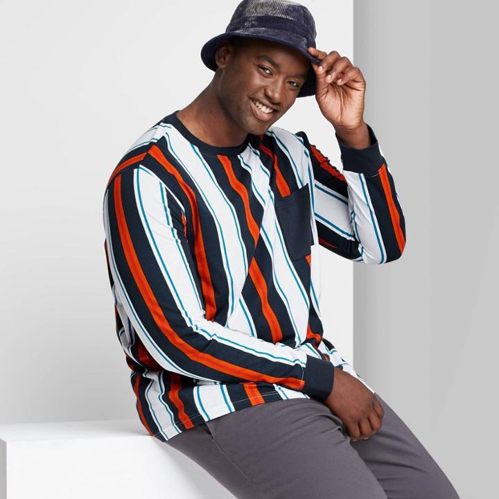 Adult Extended Size Striped Regular Fit Crewneck Long Sleeve T-shirt - Original Use Gold/stripe
